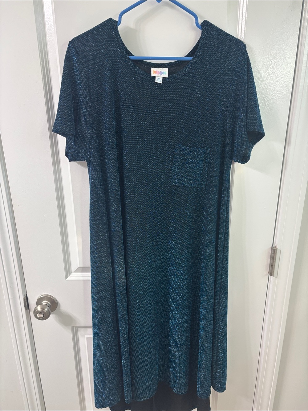 LuLaRoe Teal Sparkle Midi T-Shirt Dress with Pocket